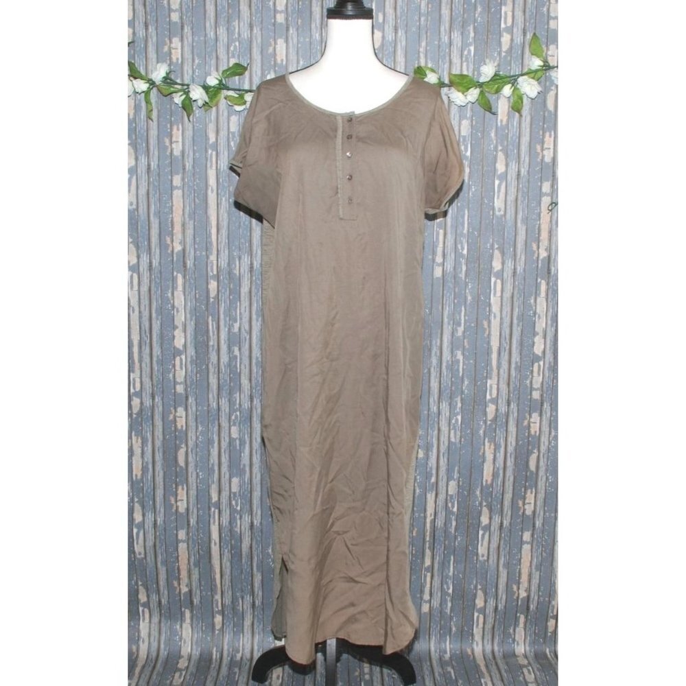 Mystree Ladies L Maxi Brown Shift Tencel 1/4 Button Up Lagenlook